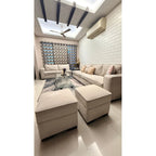 L-Shape Sofa Set with 2 Pouffes & Glass Centre Table