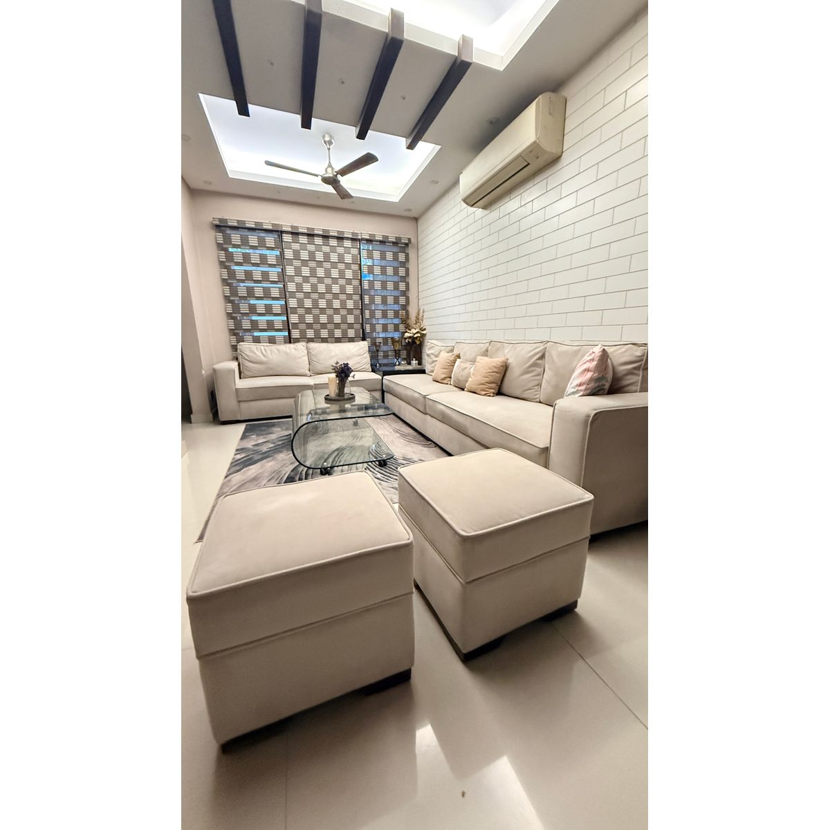 L-Shape Sofa Set with 2 Pouffes & Glass Centre Table