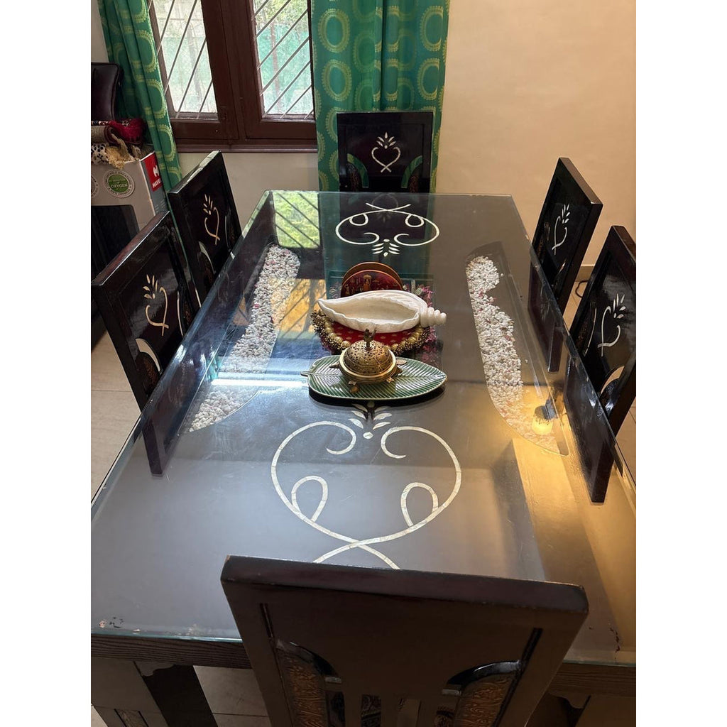 Glass-top wooden dining set with 6 cushioned chairs - photo 3