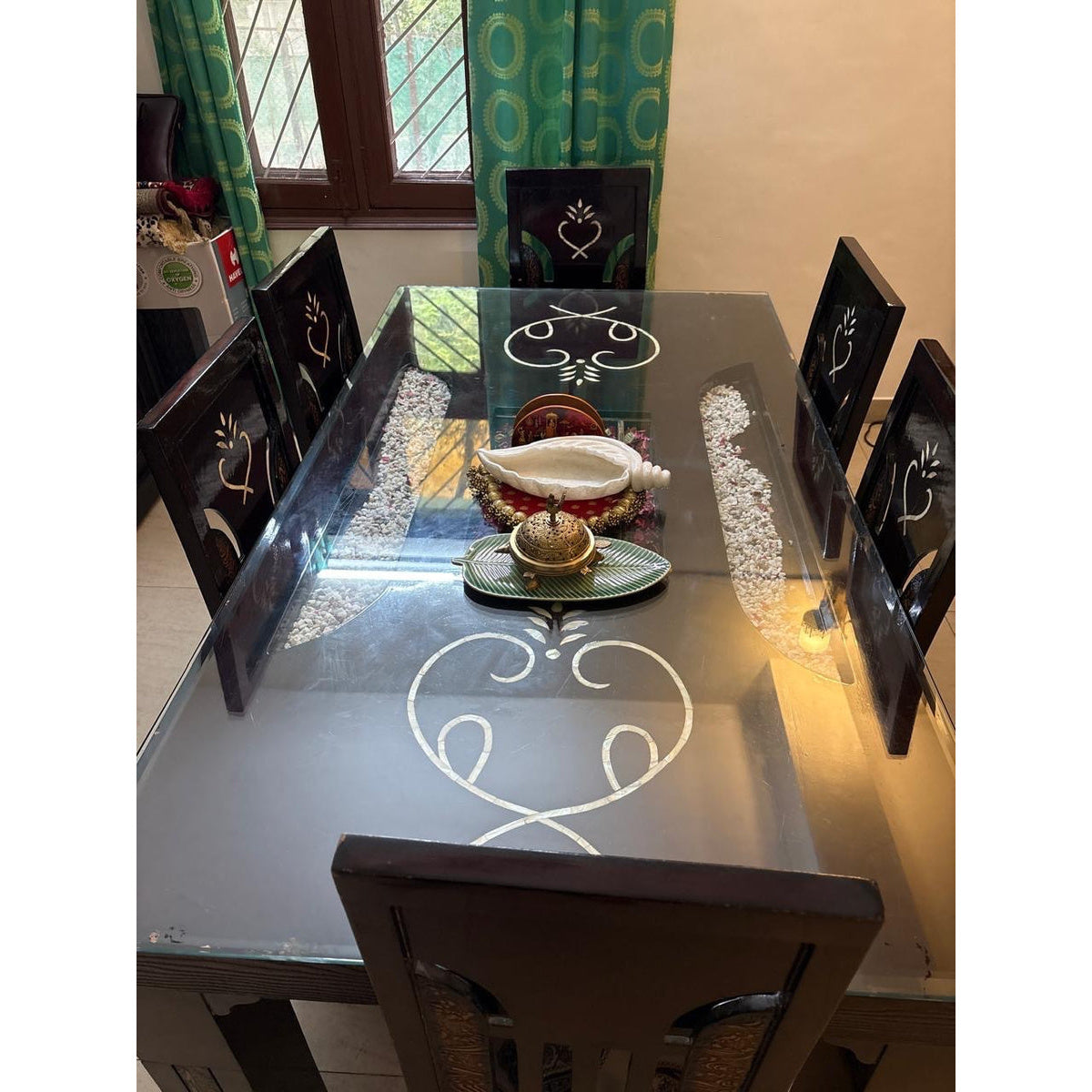 Glass-top wooden dining set with 6 cushioned chairs - photo 3