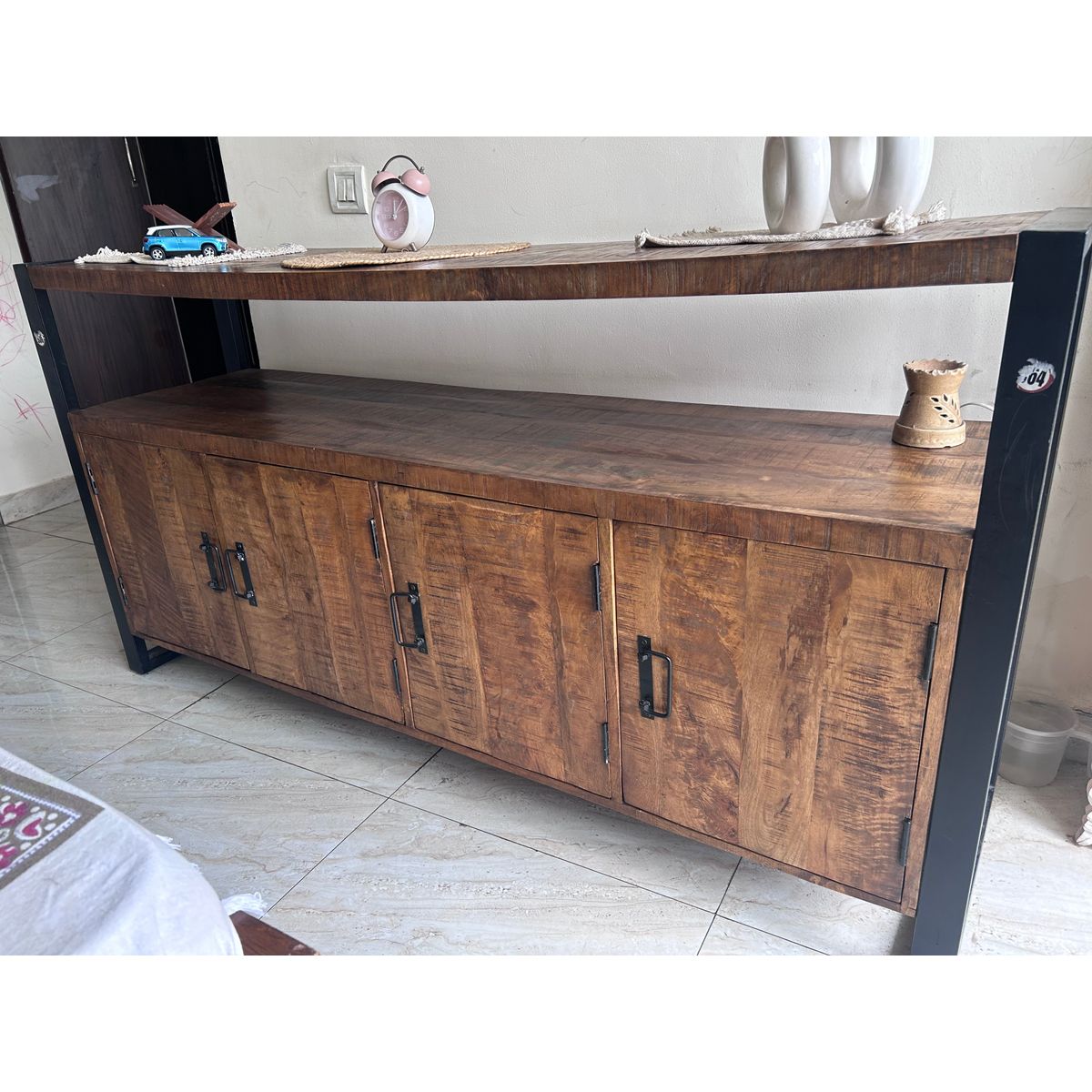 Industrial mango wood cabinet with metal frame front