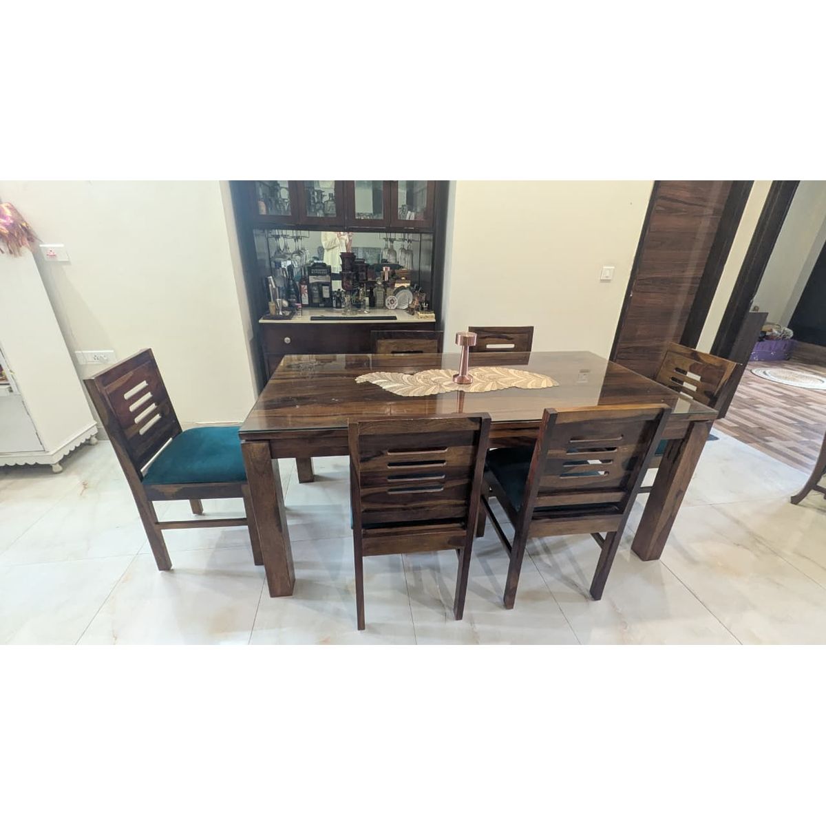 Sheesham Wood Dining Table with 6 Chairs (Glass Top)
