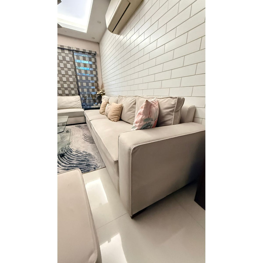 L-Shape Sofa Set with 2 Pouffes & Glass Centre Table
