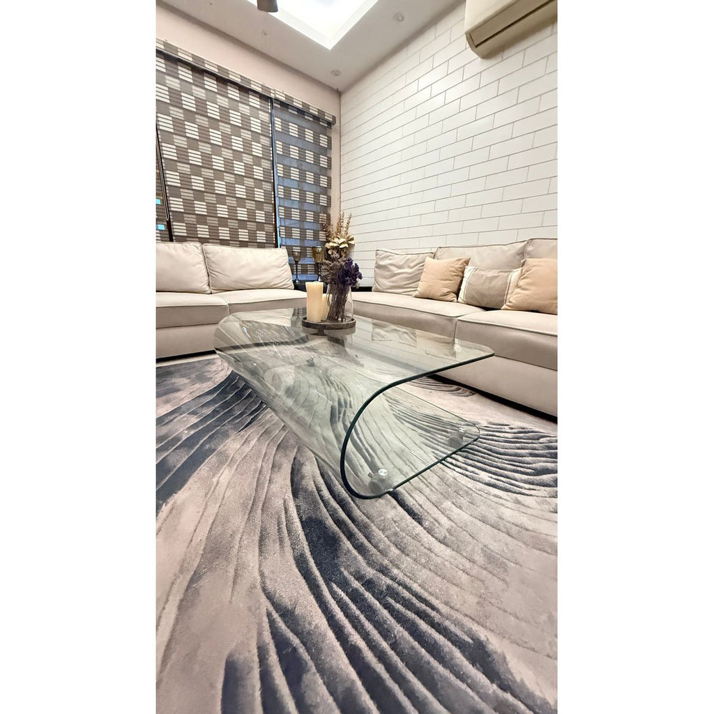 L-Shape Sofa Set with 2 Pouffes & Glass Centre Table