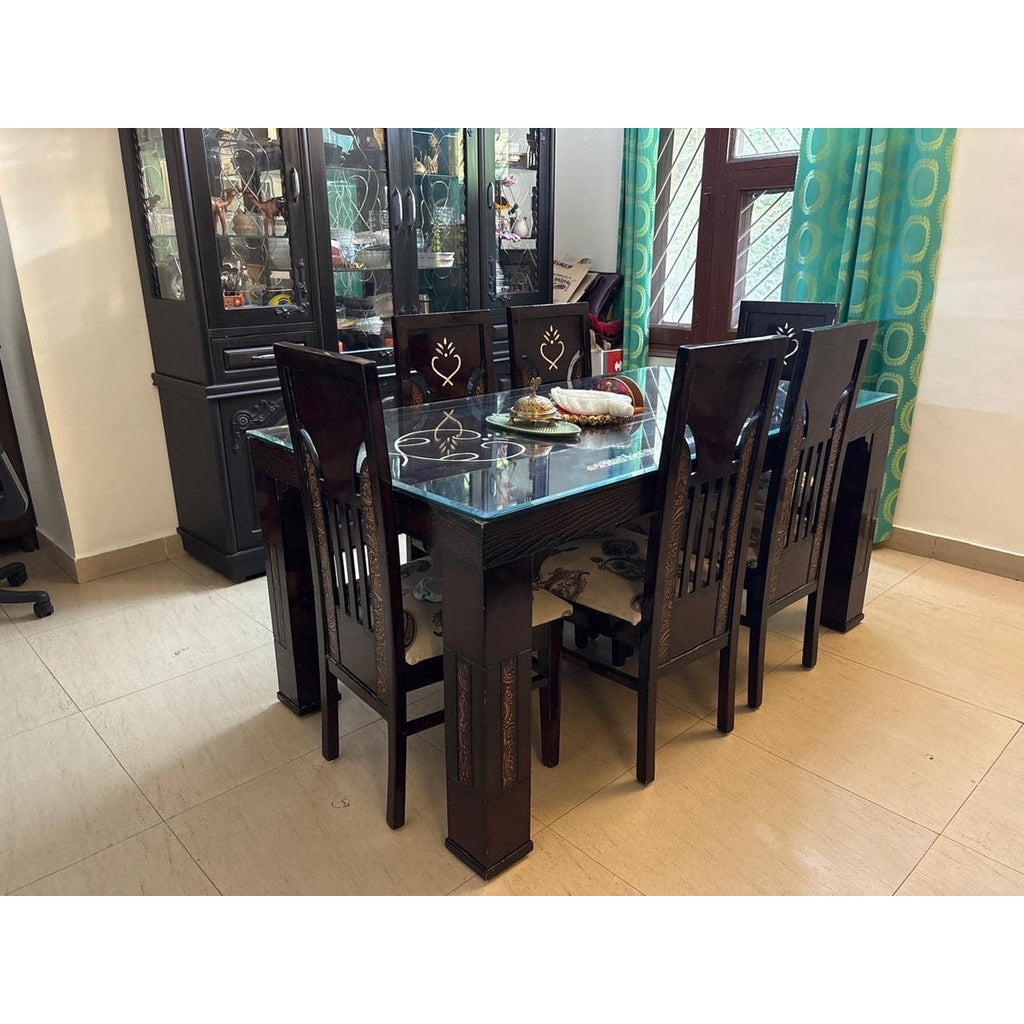 Glass-top wooden dining set with 6 cushioned chairs - photo 1