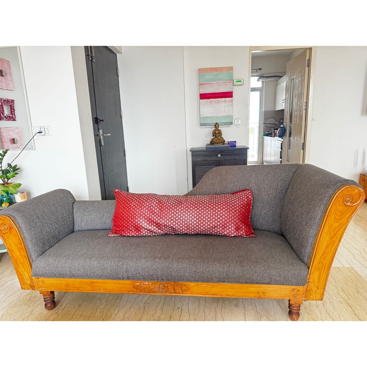 3-Seater Teak Wood Couch with Grey Cushions