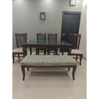 6-Seater Glass Top Dining Table with Cushion Chairs (4 Chairs + 1 Bench)