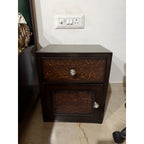 Bedside Tables (Set of 2), Dark Wood with Carved Panels - photographed unit front