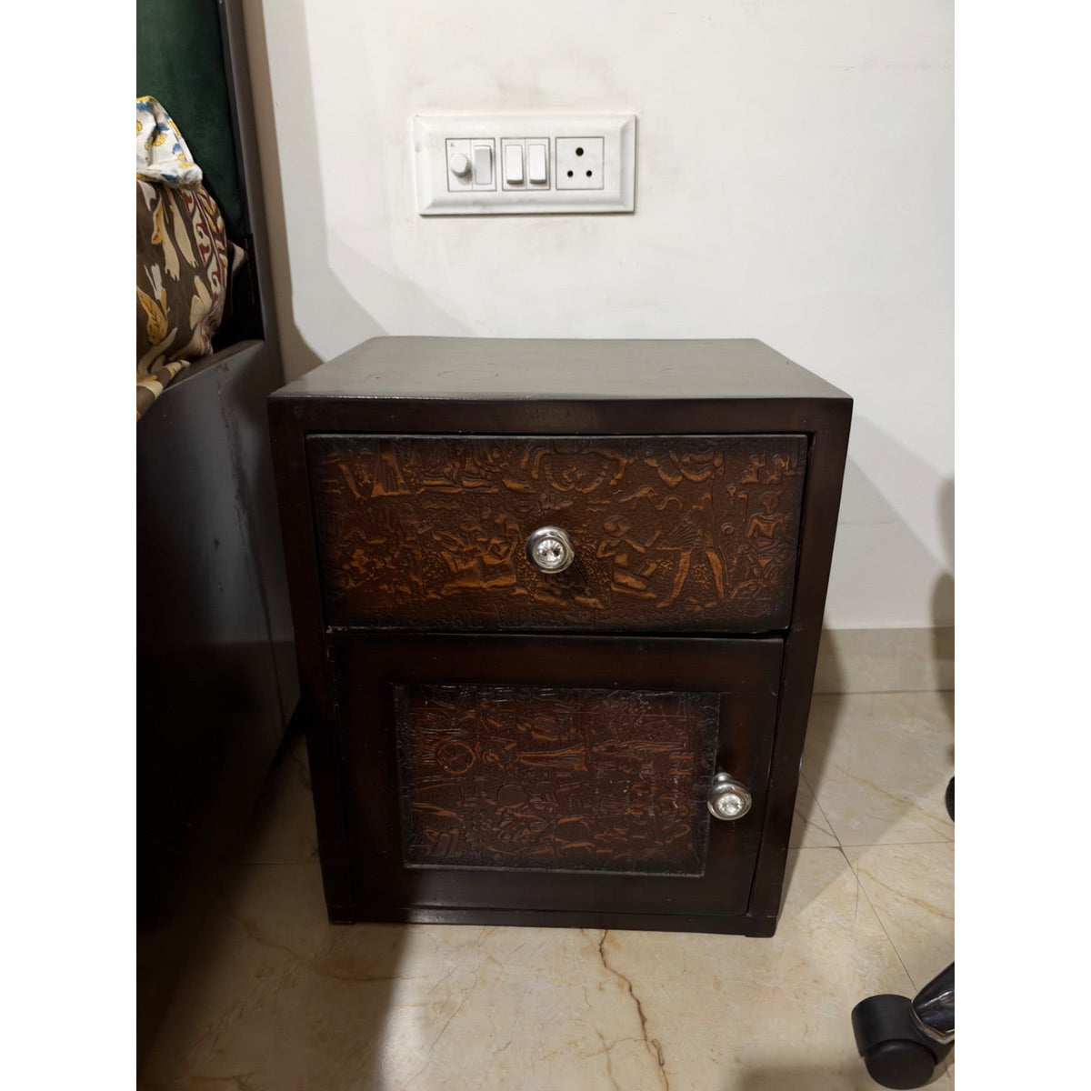 Bedside Tables (Set of 2), Dark Wood with Carved Panels - photographed unit front
