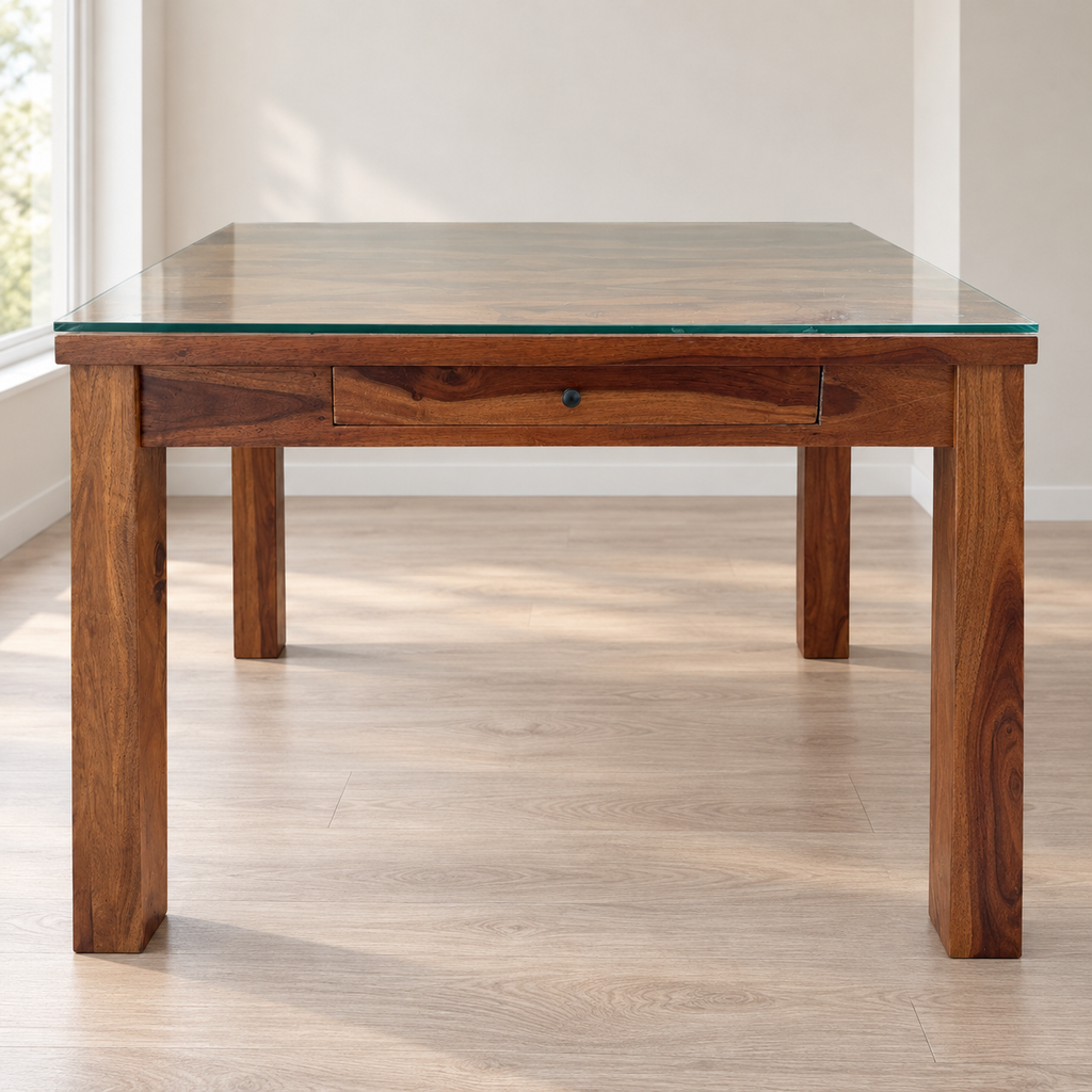 Urban Ladder four-seater wooden dining table with glass top and drawer, table only
