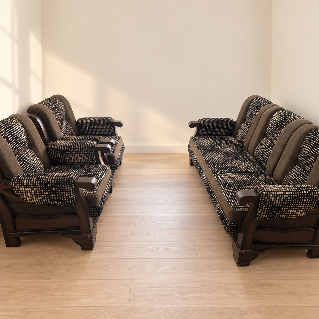 Pre-owned five-seater wooden sofa set with one three-seater and two single chairs
