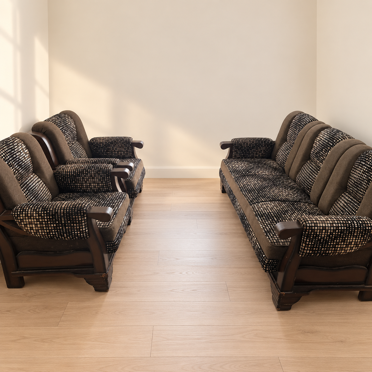 Pre-owned five-seater wooden sofa set with one three-seater and two single chairs